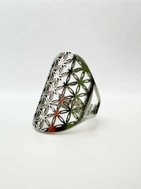 Silver Tone Geometric Cutout Statement Ring Adjustable Modern Boho